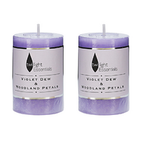 2x Pillar Candles Set Violet Dew Woodland Petals Scented 5x7.5cm