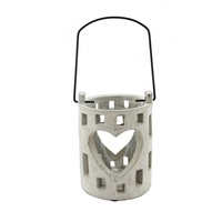 14cm Cement Lantern with Hollowed Heart and Inner Glass Candle Holder
