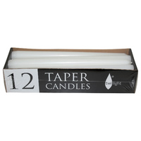 12pce White Taper Dinner Candles, 25cm Tall, Unscented