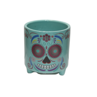 Halloween Sugar Skull Ceramic Pot Planter For Herbs & Cactus 1 Piece Aqua 10.2x10.2x10.8cm 