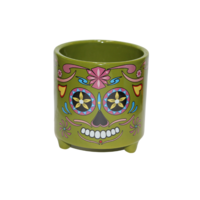 Halloween Sugar Skull Ceramic Pot Planter For Herbs & Cactus 1 Piece Green 10.2x10.2x10.8cm 