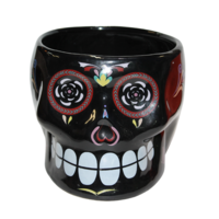 Sugar Skull Ceramic Pot Planter For Herbs & Cactus 1 Piece Black B 14.5x17x12cmH 