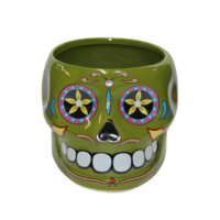 Sugar Skull Ceramic Pot Planter For Herbs & Cactus 1 Piece Green 12x14.5x9.5cm 