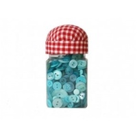 150g of BLUE Mixed Sized Craft / sewing Buttons in tub with pin cushion lid