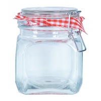 1pce Square Glass with Airtight Seal top Jam Jar with Red and White Cloth Motife 11x15cm