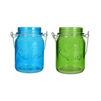 10X15Cm Set Of 2 Hanging Mason Jar Style Candles Holders Aqua and Green For Tealight Candles