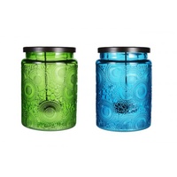 10X13Cm Set Of 2 Round Glass Tealight Holder With Vintage Style Detail Aqua and Green Colours