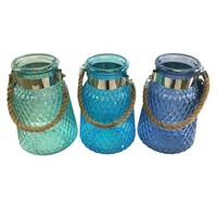 3pce Assorted Colours Vintage Style Glass Candle Holder with Rope in Pastel Colours 16x25cm