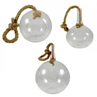 1pce Round Glass Plant Terrarium, Hanging with Thick Rope, Inside or Outside Home Décor