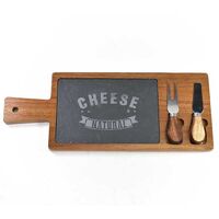 3pce 40cm Acacia Wood & Slate Stone Cheese Board w/ Utensils for Cutting Picnics