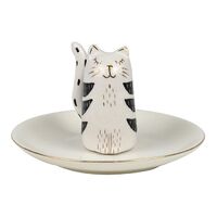 1pce 12cm Colin Cat Trinket Plate For Rings, Jewellery White & Black Ceramic Bath