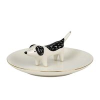 1pce 12cm Denis Dog Trinket Plate For Rings, Jewellery White & Black Ceramic Bath