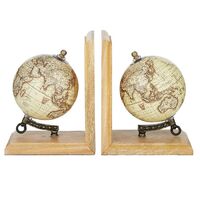2pce Set of 18cm Atlas Globe Bookends Natural Colour Wooden Home Shelf Décor