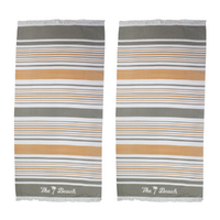 2x Fringe Beach Towels The Beach Striped Beige & Gold Cotton 85x170cm Summer Bundled Set