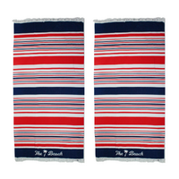2x Fringe Beach Towels The Beach Striped Red & Blue Cotton 85x170cm Summer Bundled Set
