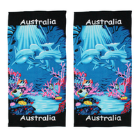 2x Kids Beach Towels Australian Dolphin & Pink Coral Blue Cotton 75x150cm Summer Bundled Set