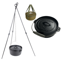 Camp Oven Pot 1.9L + Canvas Carry Bag + Steel Tripod Set, Cast Iron, Bail Handle, Pre-seasoned