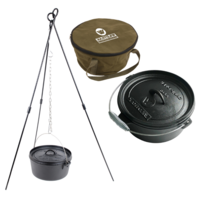 Camp Oven Pot 4.25L + Canvas Carry Bag + Steel Tripod Stand Set, Cast Iron, Pre-seasoned