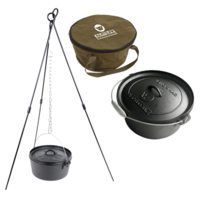 Camp Oven Pot 8.5L + Canvas Carry Bag + Steel Tripod Stand Set, Cast Iron, Pre-seasoned
