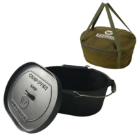 Camp Oven Pot 9L + Canvas Carry Bag Black Cast Iron, Bail Handle, Pre-seasoned
