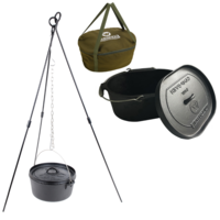 Camp Oven Pot 9L + Canvas Carry Bag + Steel Tripod Stand Set , Cast Iron, Pre-seasoned