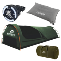 King Single Swag Tent + Carry Bag + LED Light / Fan + 2 Pillows Self Inflating Set