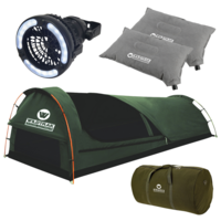2 Person Swag Tent + Carry Bag + LED Light / Fan + 2 Pillows Self Inflating Set