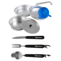 Single Person Mess Kit 4 Piece Set + 3 Piece Cutlery Fold Up Compact Camp Utensils