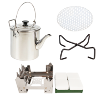 Billy Camp Tea Pot 1.8L w/Strainer + Portable Stove + Trivet Plate & Holder Stand Cook Set