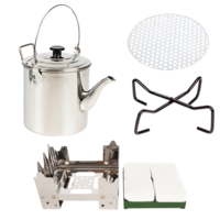 Billy Camp Tea Pot w/Strainer 2.8L + Portable Stove + Trivet Plate & Holder Stand Cook Set