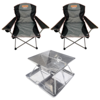 BBQ Folding Firepit + Camp Chairs, Stainless Steel, With Carry Bag, Travel Set