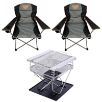 Camp Chairs + BBQ Fold Firepit Stainless Steel, With Carry Bags, Compact Travel Furniture 