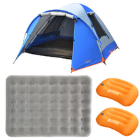 3V Person Dome Camp Tent + Queen Air Mattress Bed + 2 Self Inflating Pillows Set