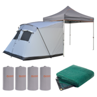3m Gazebo + Side Wall 5 Person Tent + Ultramesh 3x6m Mat + 4 Sand Bag Weights Camp Setup