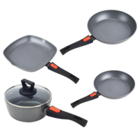 Compact Kitchenware Set Saucepan, 2 Fry Pans & Grill, Non Stick, Snap On Handles