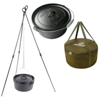 Camp Oven Pot 11.3L + Canvas Carry Bag + Steel Tripod Stand Set, Cast Iron, Pre-seasoned