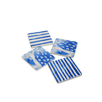 4pce Set of Stripes and Stars Ceramic Coasters Blue & White Glazed Finish Table Décor