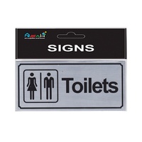 Toilets Sign Silver / Red Brushed Steel 20x9cm