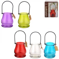 1pce Bell Shaped Glass with Metal Hanger Tealight Holder in Bright Colours 9cm