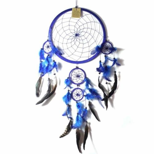 27cm Dream Catcher Blue Web Design with Feathers and Beads