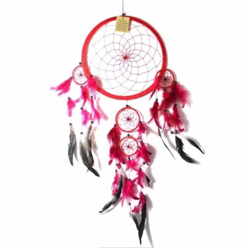 27cm Dream Catcher Red Web Design with Pink Feathers and Beads