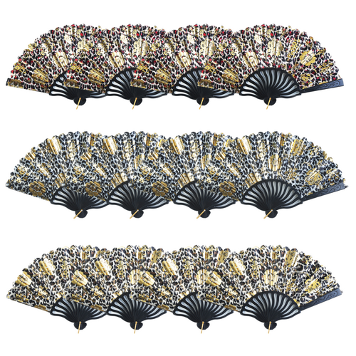 Hand Fans Set Metallic Floral Colours 12 Piece Bundle Black Background