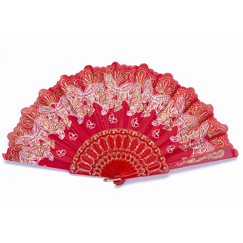 Red Glitter Hand Fan Beautiful Colour Butterfly Design Fold Out Party