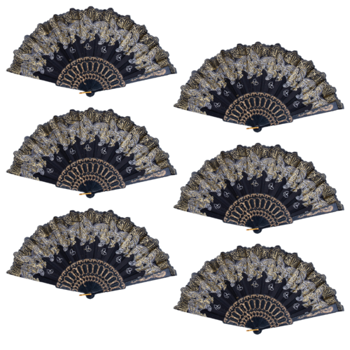 6pce Black Glitter Hand Fan Beautiful Colour Butterfly Design Fold Out Party