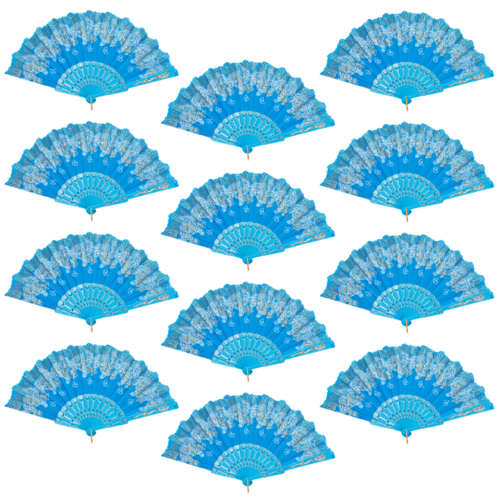 12pce Blue Glitter Hand Fan Beautiful Colour Butterfly Design Fold Out Party