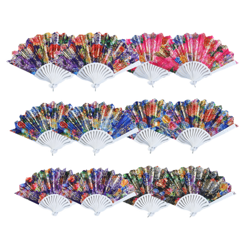 Hand Fans Set Metallic Floral Colours 12 Piece Bundle Colourful Background