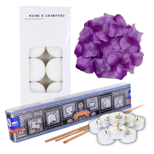 Romantic Decoration Kit for Valentines Day, Purple Rose Petals, Incense, Candles
