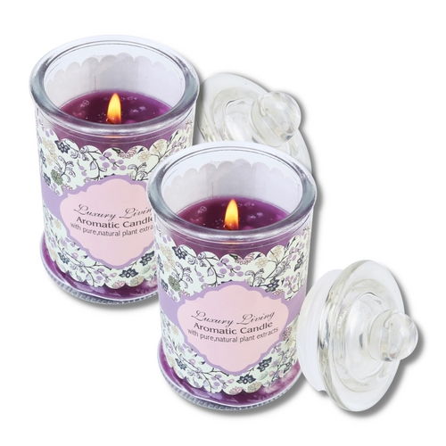 Pair of Luxury Lavender Scented Purple Candles in Clear Glass Jars 11cm 2pce Set