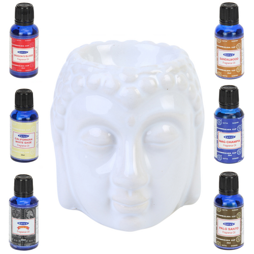 Oil Burner + Satya Oils Set 7pce 8.5cm Buddha Head White Glazed Ceramic