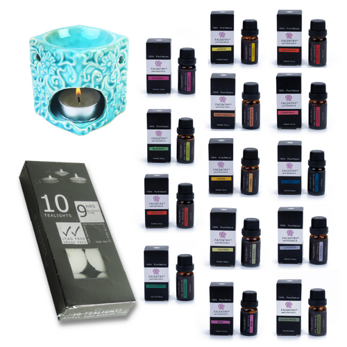 Oil Burner Kit + 14 Essential Oils Scents & 10 Tealight Candles, Aqua Square
